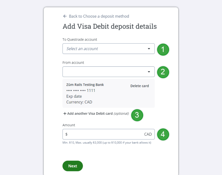 Adding visa direct enter details
