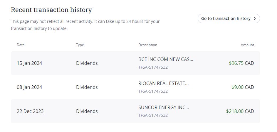 Recent transaction history view