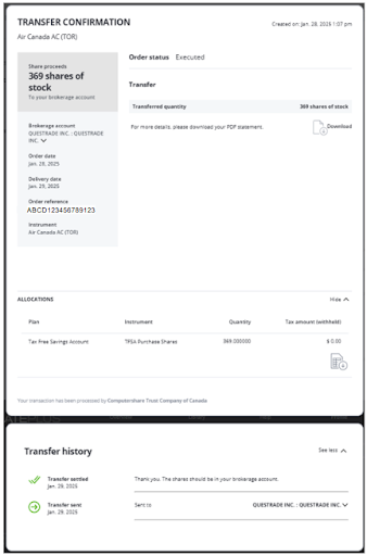 Transfer of confirmation page