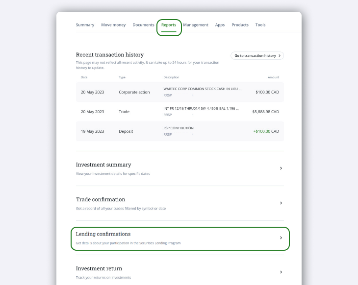 Lending confirmations nav