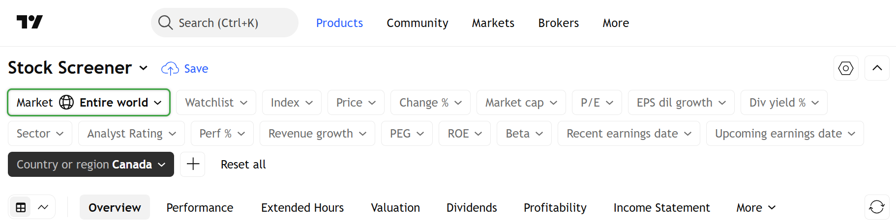 TradingView screener page