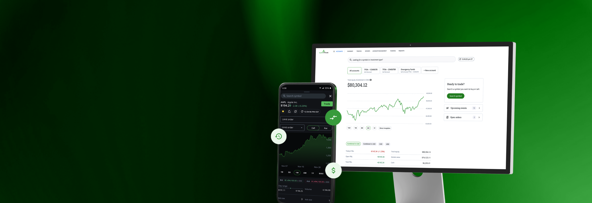 The Questrade trading platform interface showing stock charts on desktop and mobile screens.