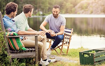 Friends sitting beside a lake