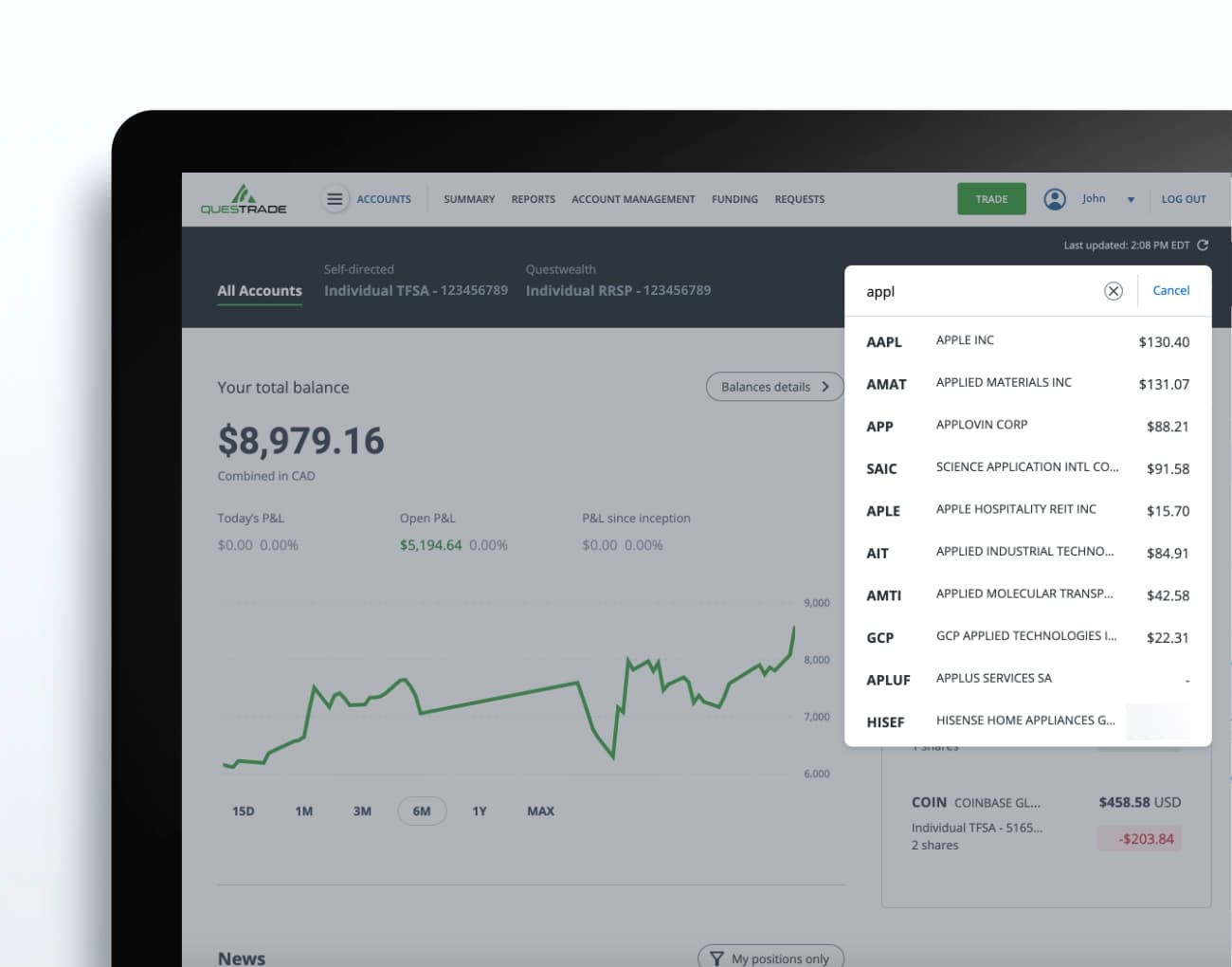 Symbol lookup screen