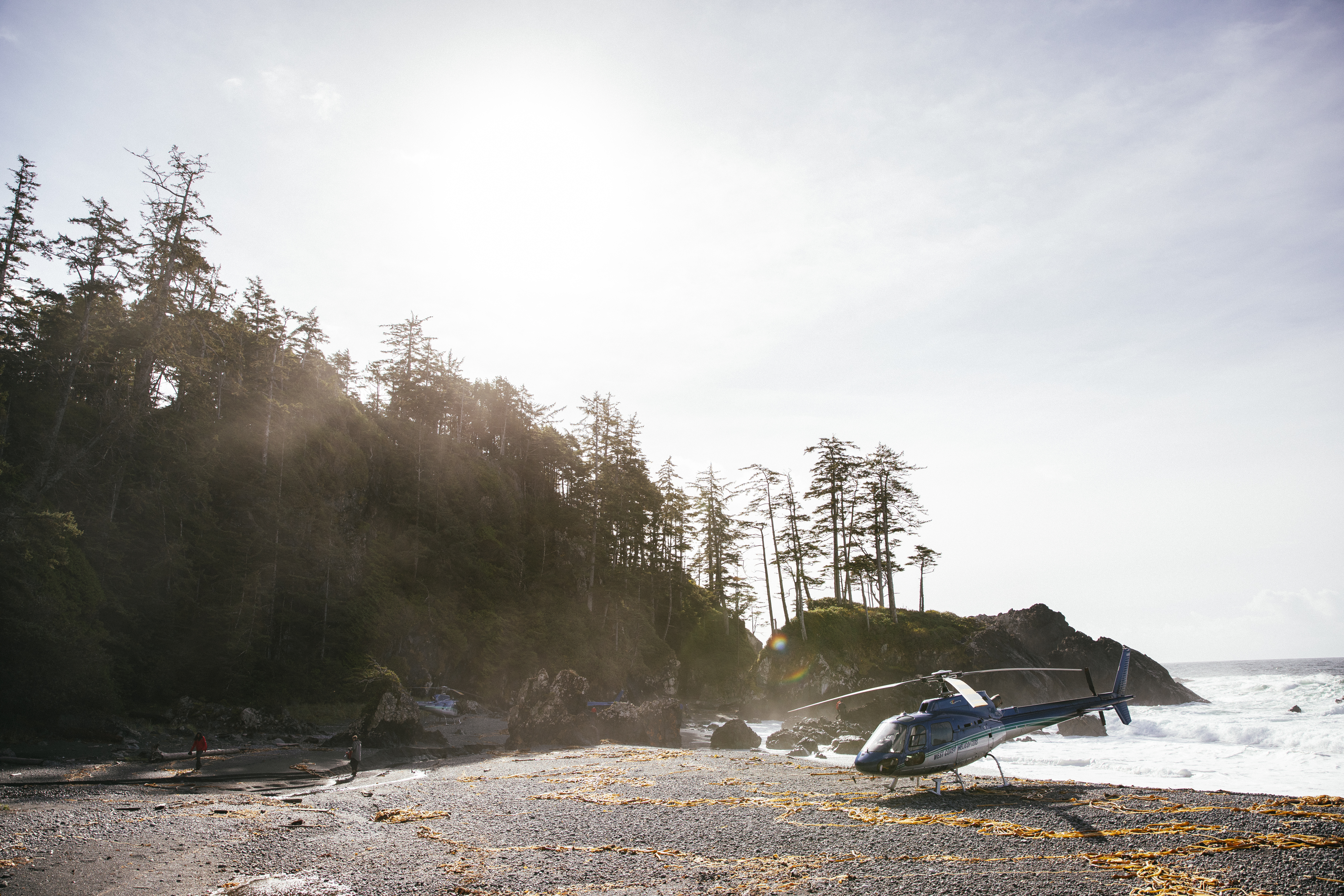 A helicopter resting on the shore at Nimmo Bay
