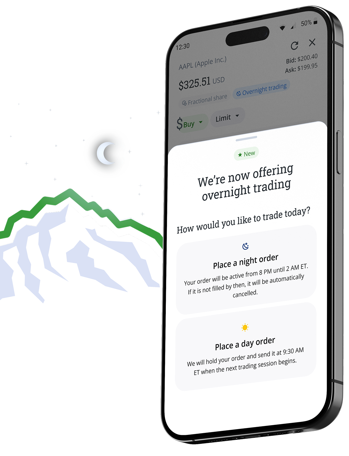 Phone displaying Questrade interface with overnight trading option